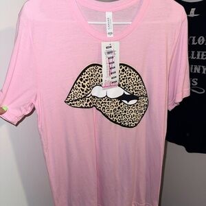 Bella Canvas Pink Tee with Leopard-Print Lips Graphic